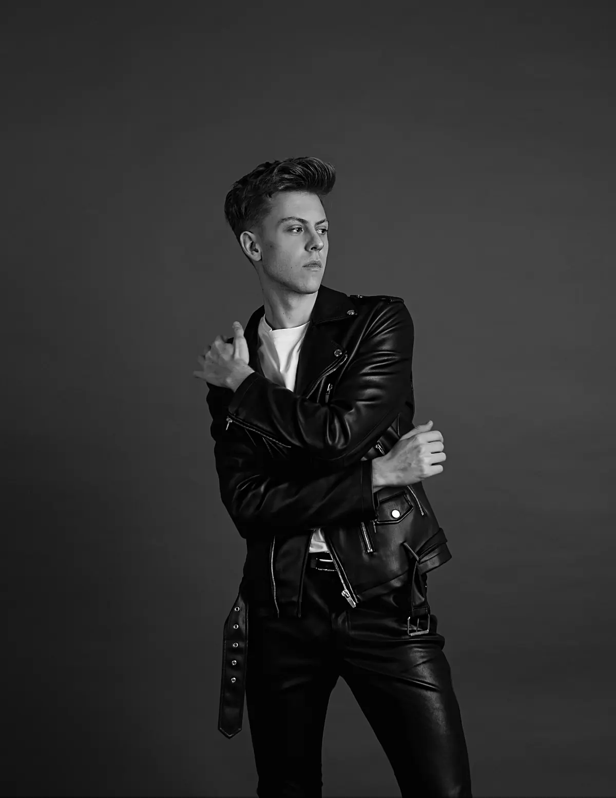 Black and white leather campaign shot of Tiberiu